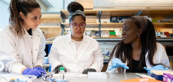 Photo of three UCSF medical students working in a lab.